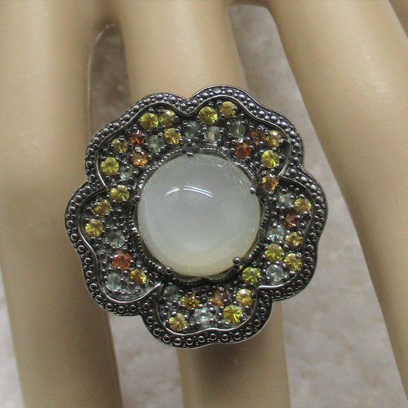 Sima K Moonstone and Sapphire Sterling Flower Ring - Picture 3 of 9